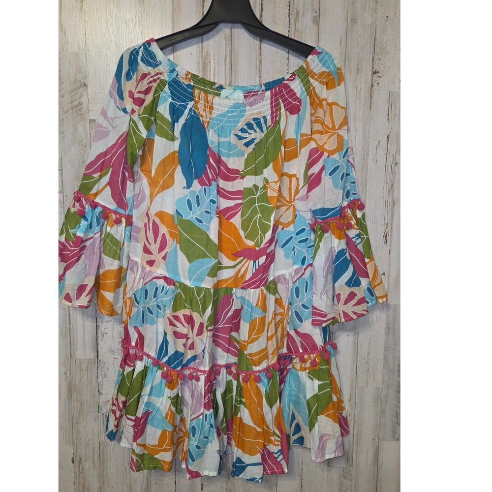 True Destinations L Smocked Lightweight Resort Floral Tunic Dress Ruffle Boho